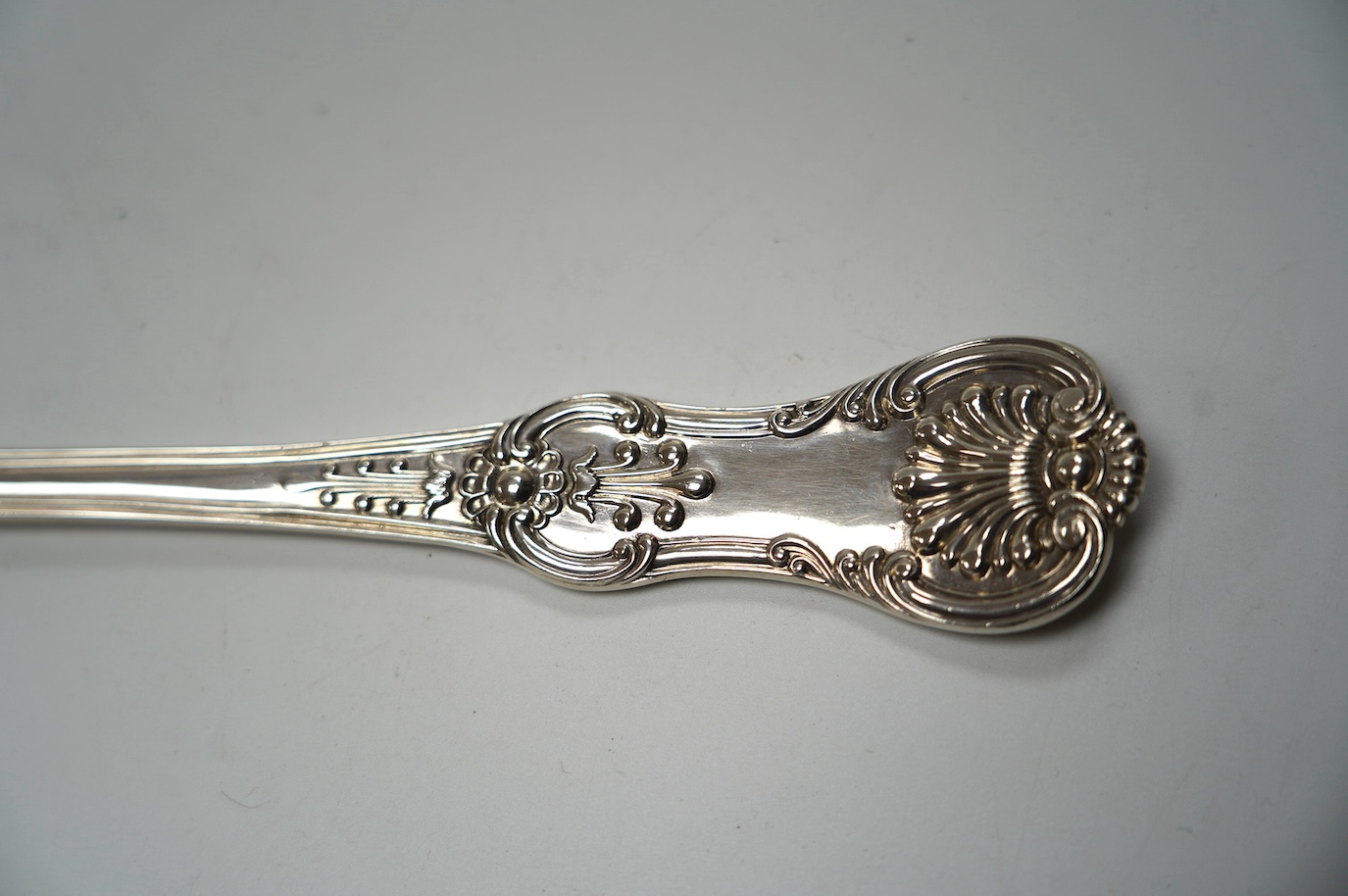 An early Victorian silver Queen's pattern basting spoon, by Hayne & Cater, London, 1842, with Coburg pattern bowl back, 29.9cm, 6.9oz. Condition - good